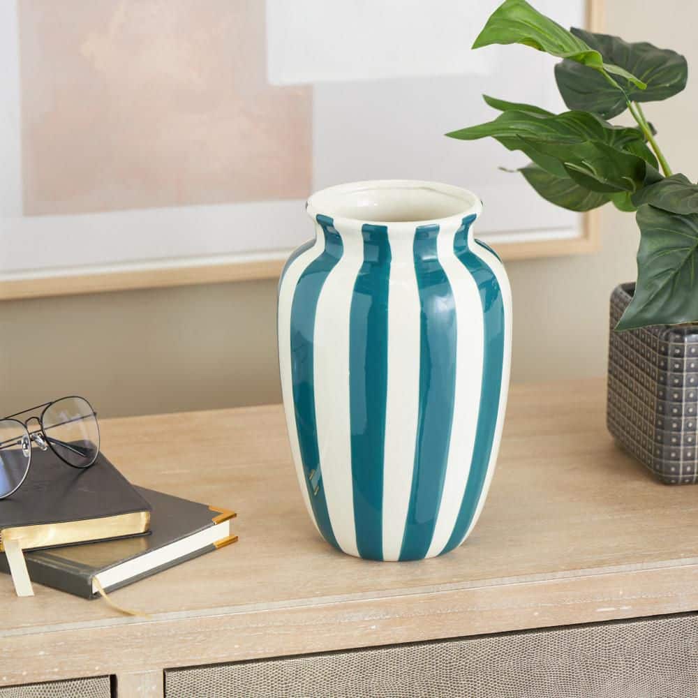 10 in. White Round Wide Ceramic Decorative Vase with Teal Vertical Stripes price history on PriceWatchPro