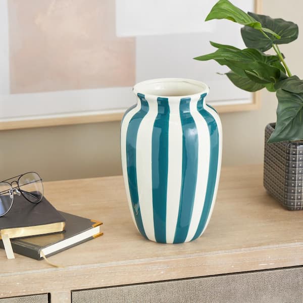 Litton Lane 10 in. White Round Wide Ceramic Decorative Vase with Teal Vertical Stripes