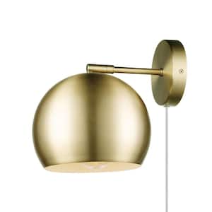 1-Light Plug-in or Hardwire Matte Brass Wall Sconce with White Fabric Cord and Inline On/Off Rocker Switch