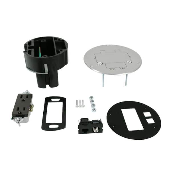 Legrand Wiremold Dual Service Floor Box Kit with 15 Amp Receptacle and 1 RJ45 Cat 5e Jack, Coax F Jack, Aluminum Cover