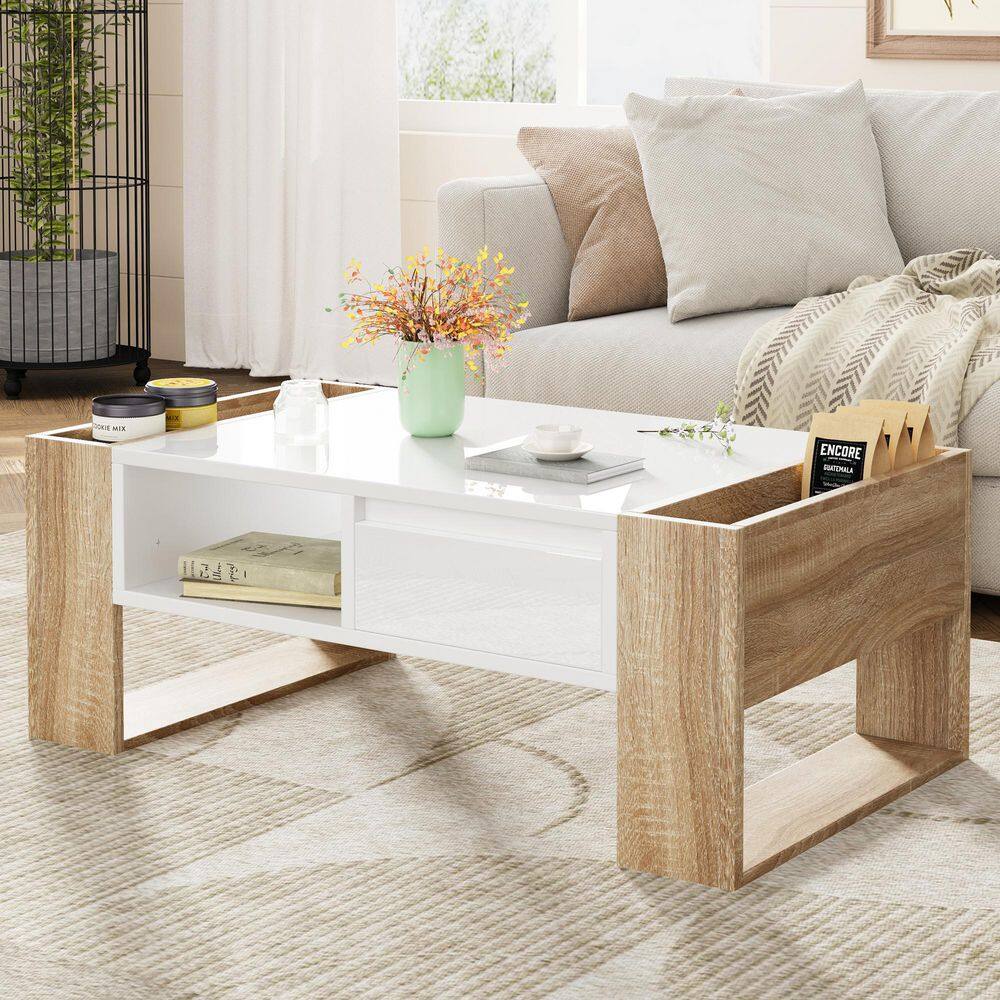 41.3 in. White and Natural Rectangle Wood Coffee Table with Drawers