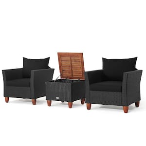 3-Piece Patio Rattan Furniture Set Cushioned Sofa Storage Table with Wood Top Black