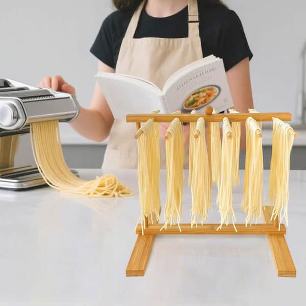 Bamboo Pasta Drying Rack With Transfer Wand - Kitchen Pasta Maker Accessory, Suspension Design