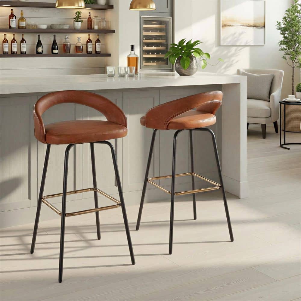 Grotto Upholstered 29.5 in. Camel Faux Leather and Black Metal Fixed-Height Bar Stool Square Gold Footrest (Set of 2) price history on PriceWatchPro