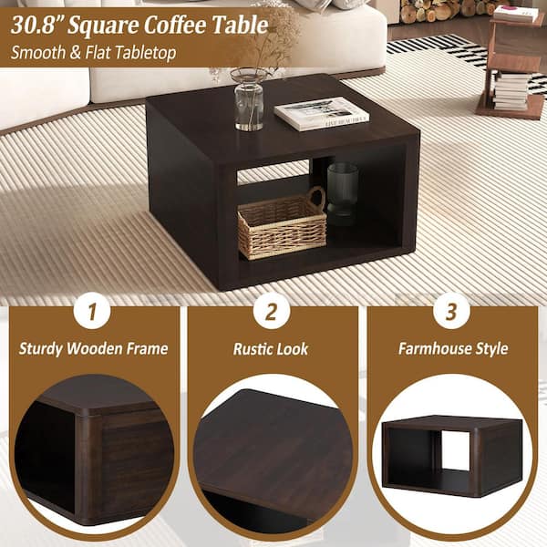 30.8 in. Dark Brown Square Acacia Wood Farmhouse Coffee Table, Minimalist Living Room Center Table w/ 2-Tier Storage