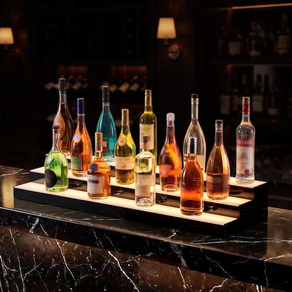 6 in. H x 12. in W 30-39 Bottle Black and White Acrylic Liquor Bottle Display with LED Lights, RF Remote and App Control