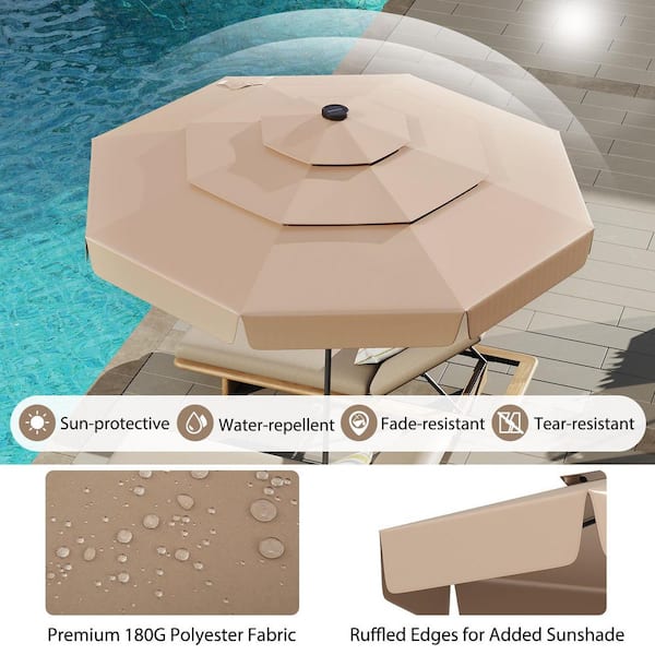 10 ft. Steel Market Solar Patio Umbrella with 3-Tier Vented Top and 32 LED Lights in Tan