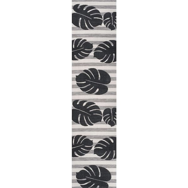 Allison Classic Beach Stripe and Monstera Leaf Black/Gray 2 ft. x 8 ft. Indoor/Outdoor Runner Rug
