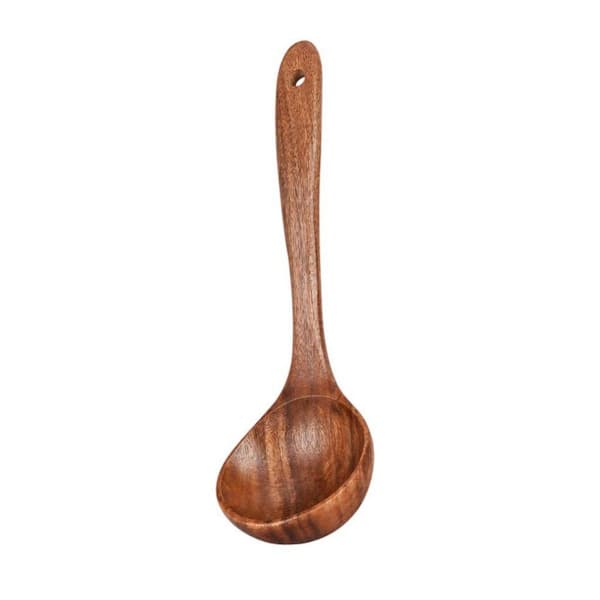 10.6 in. Long Handle Wooden Soup Spoon for Cooking, Teak Acacia Soup Ladle, Non-Toxic Natural Wood Serving Spoon