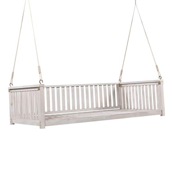 Unbranded White 79.1 in. W Patio Minimalist 2-Person Wood Porch Swing with Ropes for Backyard