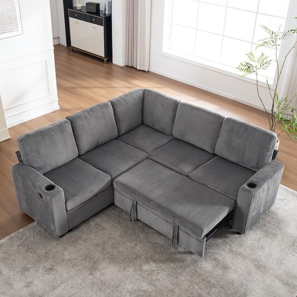 Eldric 83.6 in. Corduroy Modular Convertible Sectional Sofa Bed in. Grey with Storage, Cup Holders, USB Ports
