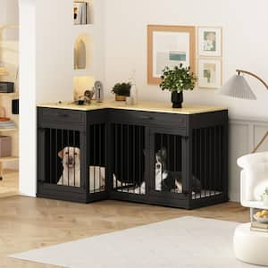 Corner Dog Crate Furniture for 2 Dogs with Drawers, Black Large Furniture Style Dog Kennel Pet Pens Cage for Medium Dogs