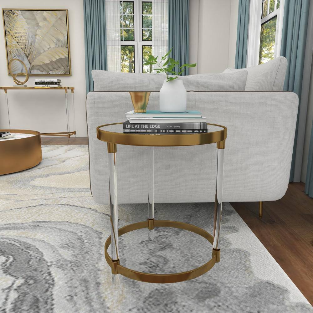 Elegant Gold Round Acrylic Accent Table with Mirrored Top