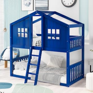Blue Twin Over Twin House Bunk Bed With Ladder, Wood Bed