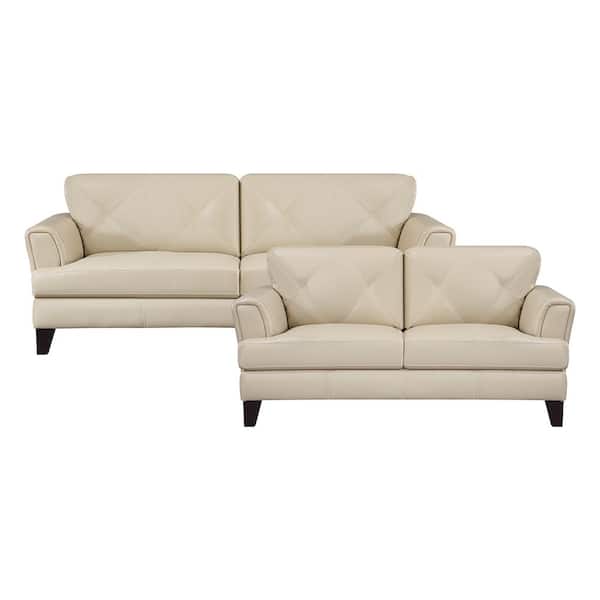 Lazzara Marie 88 in. W Straight Arm Leather Rectangle 2-Piece Living Room Sofa Set in Cream