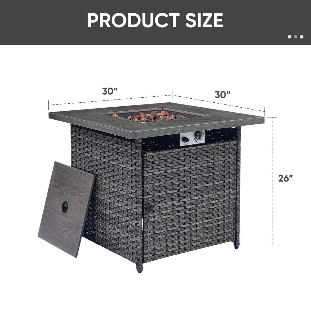 Gray Wicker Propane Fire Pit Table with Faux Wood Top