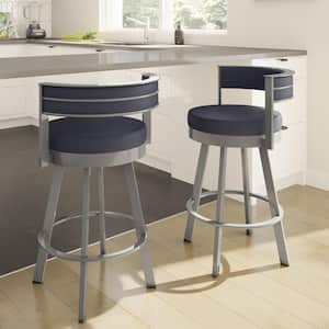 Browser 26 in. Navy Blue Faux Leather Glossy Grey Metal Swivel Counter Stool