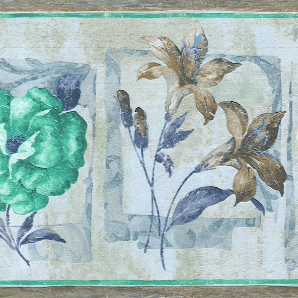 Dundee Deco Falkirk Dandy II Teal Blue Flowers in Shapes Abstract Peel and Stick Wallpaper Border
