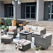 New Vultros Gray 7-Piece Wicker Patio Fire Pit Conversation Seating Set with Beige Cushions Swivel Rocking Chairs