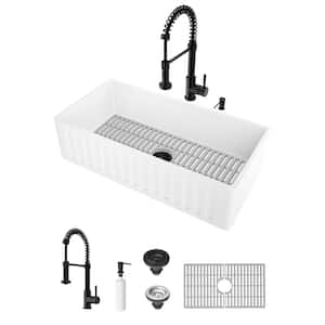 Matte Stone 36" Single Bowl Farmhouse Apron Front Undermount Kitchen Sink with Faucet in Black and Accessories