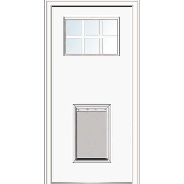 MMI Door 36 in. x 80 in. Classic Left-Hand 6-Lite Clear Painted Fiberglass Smooth Prehung Back Door with Extra Large Pet Door