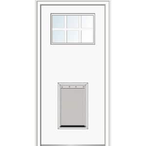 32 in. x 80 in. Classic Left-Hand 6-Lite Clear Painted Fiberglass Smooth Prehung Back Door with Extra Large Pet Door