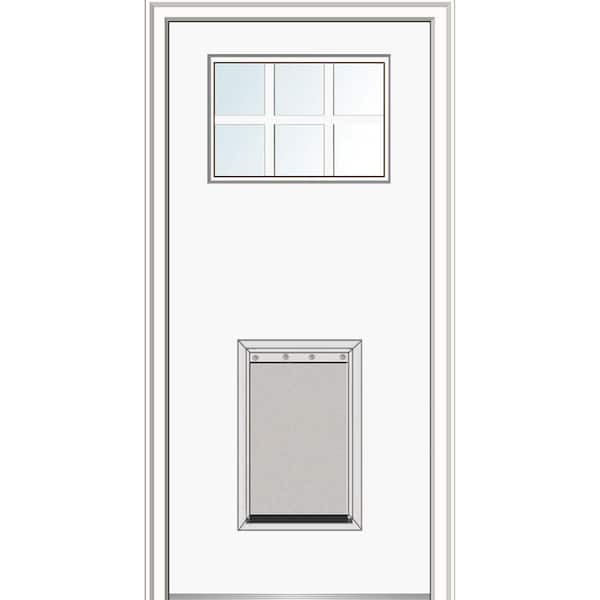 MMI DOOR 32 in. x 80 in. Classic Right-Hand 6-Lite Clear Primed Fiberglass Smooth Prehung Back Door with Extra Large Pet Door