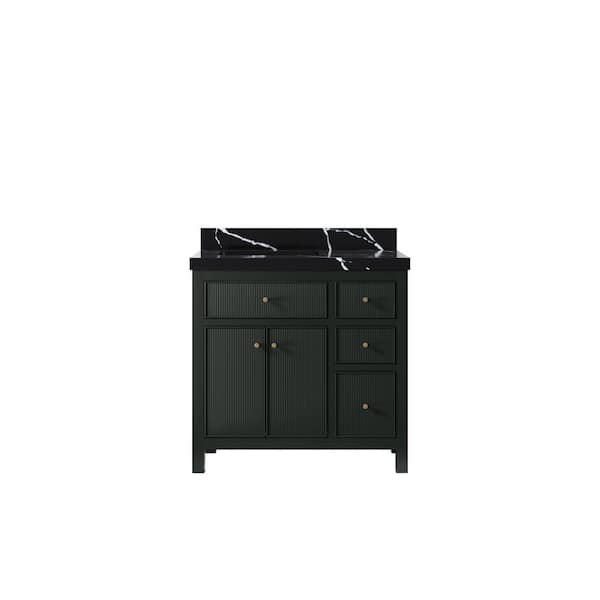 Willow Collections Sonoma 36 in. Left Sink Freestanding Dark Green Bath Vanity with Calacatta Black Qt. Top Unassembled