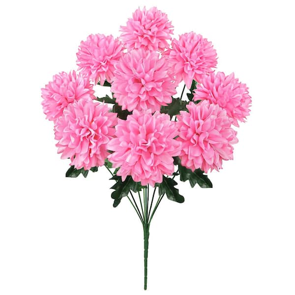 LIVING LUXURY 22 in. Pink Artificial Ball Mum Pom Pom Flower Stem Bush Bouquet (Set of 2)