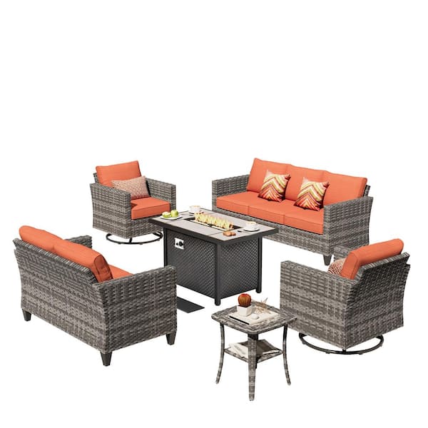 Jupiter 6-Piece Wicker Outdoor Patio Fire Pit Seating Sofa Set and with Orange Red Cushions and Swivel Rocking