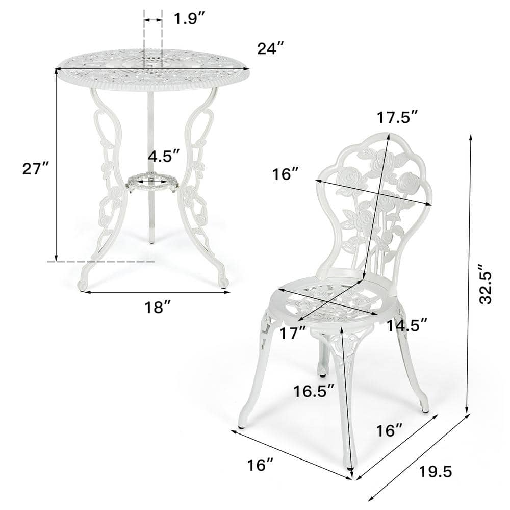 White Cast Aluminum Rose Design Outdoor Bistro Set