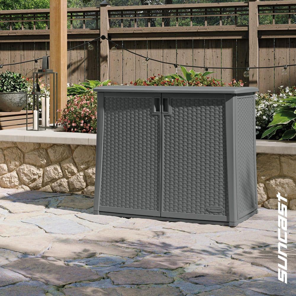Suncast 3 ft. 6 in. W x 1 ft. 11 in. D x 2 ft. 11.5 in. H Plastic Resin Outdoor  Storage Cabinet Shed in Cool Gray BMOC4100CG - The Home Depot, image size:1000x1000