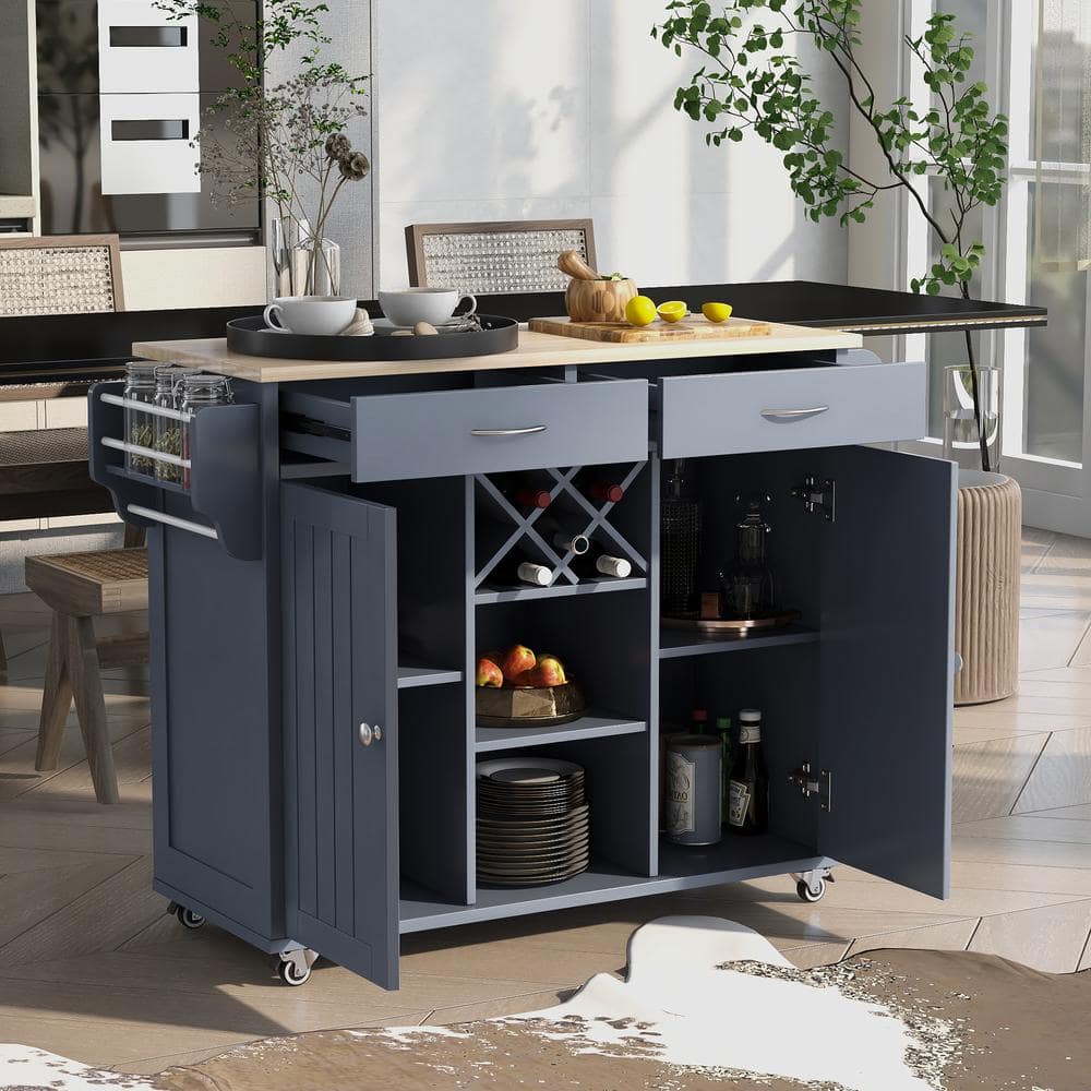 Nestfair Dusty Blue Kitchen Island with Two Storage Cabinets and Four ...