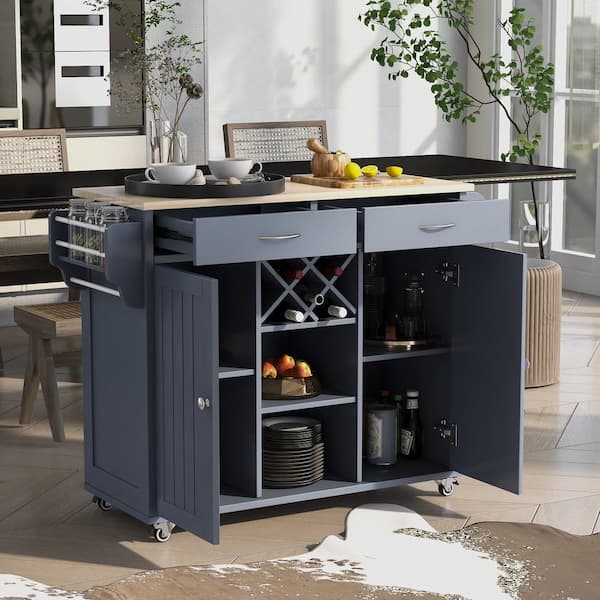 Nestfair Dusty Blue Kitchen Island With, Cabinets On Wheels For Kitchen