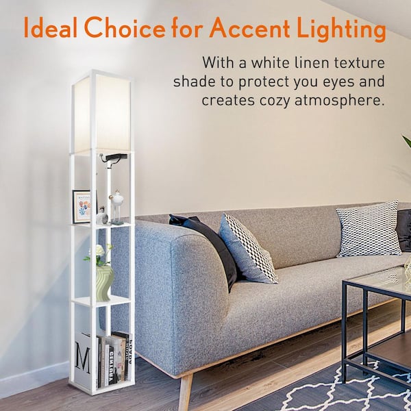 63.7 in. LED Floor Lamp with White Fabric Shade USB Charging Power Outlet and Column Shelves for Living Room Bedroom