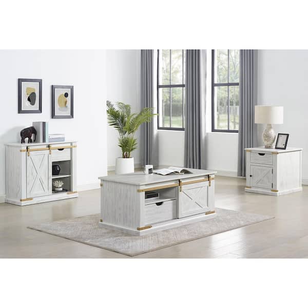 Furniture of America Sueli 3-Piece 48 in. Antique White and Gold Rectangle Wood Coffee Table Set with Barnyard Design