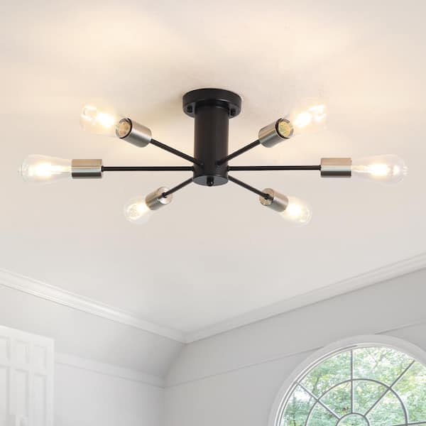 ZJVAIVE 21.81 in. 6-Light Black/Nickel Sputnik Semi- Flush Mount For Foyer Bedroom with No Bulbs Included
