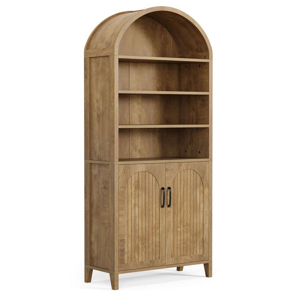 Eulas 70.8 in. Tall Brown Engineered Wood 8-Shelf Standard Arched Bookcase Bookshelf with Cabinet Door