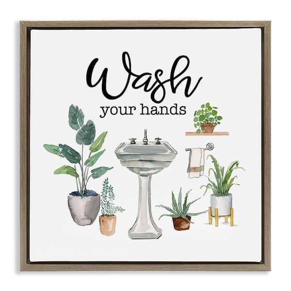 Stupell Industries Hygiene Phrase with Plants by Masey St. Studios Brown Floater Frame Typography Graphic Art Print 25 in. x 25 in.