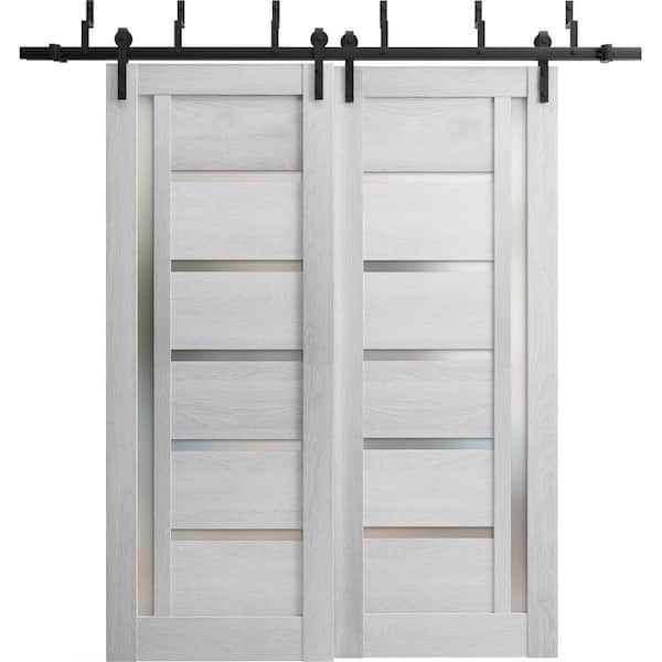 Sartodoors 48 in. x 80 in. 2 Panel Frosted Glass Light Grey Oak Solid MDF Sliding Barn Door with Hardware Kit