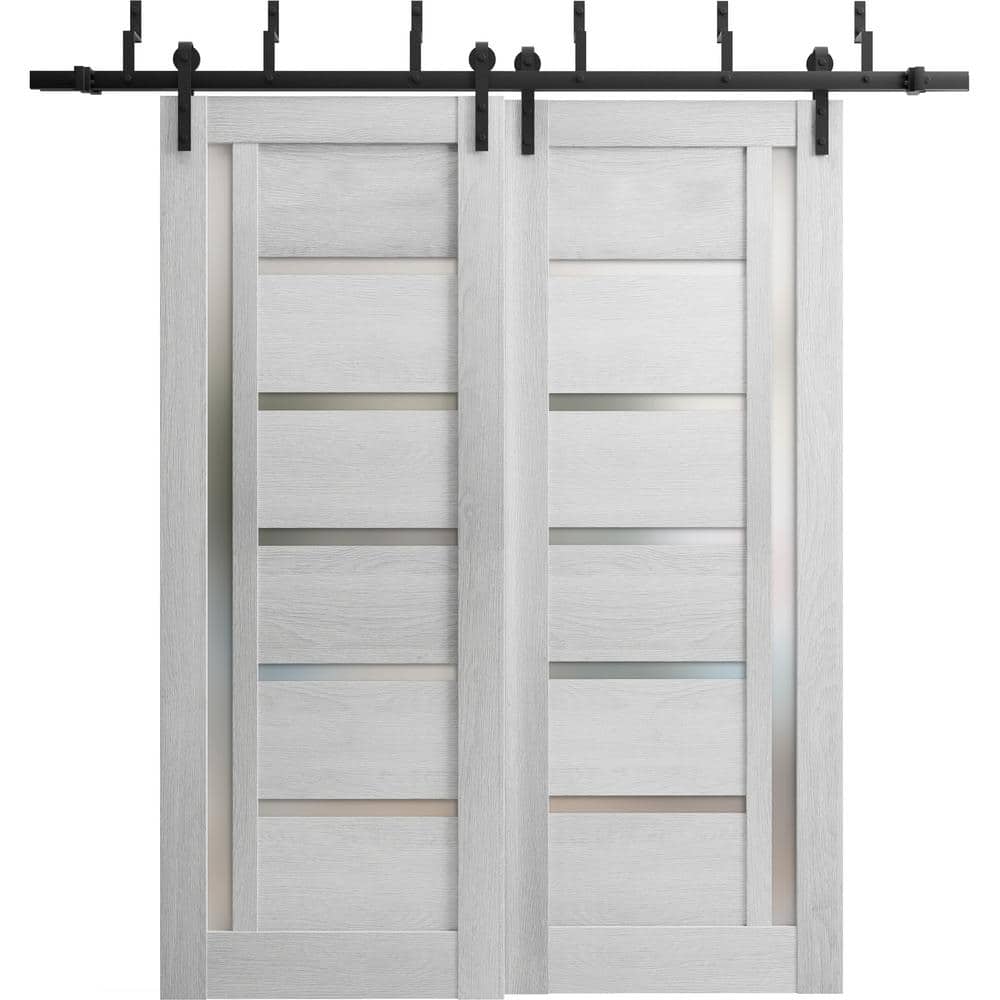 56 in. x 80 in. 2 Panel Frosted Glass Light Grey Oak Wood Sliding Barn Door with Hardware Kit price history on PriceWatchPro
