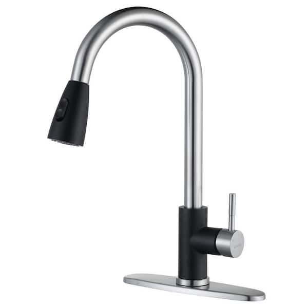 WOWOW Single-Handle Pull-Down Sprayer Kitchen Faucet with Stream and PowerSpray Mode in Brushed Nickel and Black