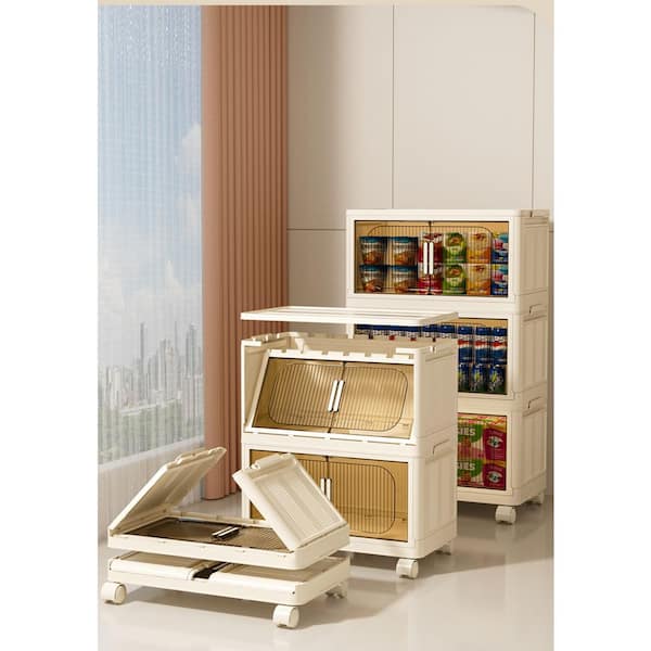 11.81 in. W x 19.69 in. D x 31.10 in. H Plastic Freestanding Linen Cabinet with Magnetic Door and Wheels in Cream White