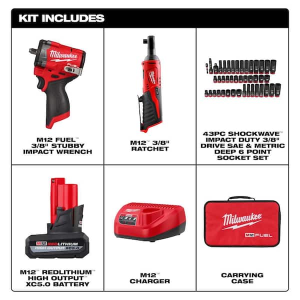M12 FUEL 12V Stubby 3/8 in. Impact Wrench Kit w/ M12 3/8 in. Ratchet w/ 43-pc 3/8 in. SAE and Metric Sockets