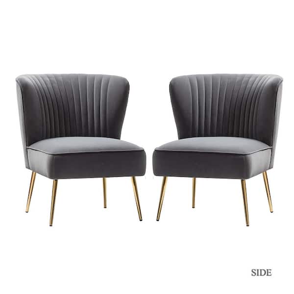 JAYDEN CREATION Monica Modern Grey Velvet Comfy Living Room Side Chair with Golden Metal Legs (Set of 2)