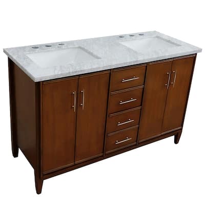 Plantation 55 in. W x 22 in. D x 35.5 in. H Brown Ash Bath Vanity with White Marble Vanity Top and White Basin