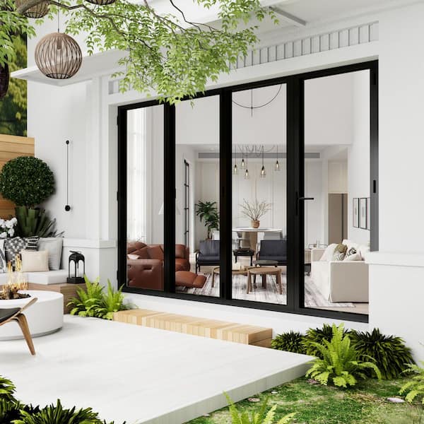 144 in. x 80 in. Left Swing/Outswing Double Tempered Glass Black Aluminum Folding Patio Door (3-folding plus 1-swing)