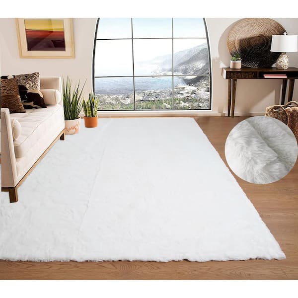 Mmlior White 6 ft. x 9 ft. Soft Faux Rabbit Fur Area Rug