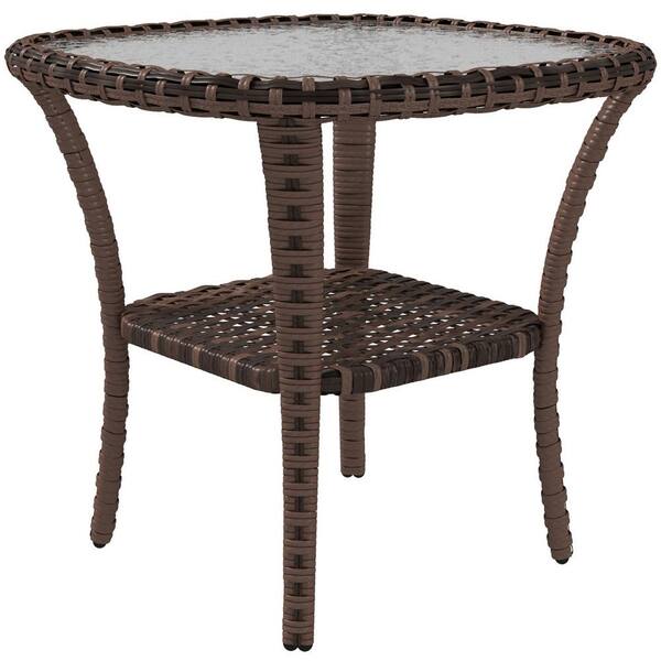 Zeus & Ruta 21.7 in. H Brown Rattan Outdoor Patio Side Table with Storage Shelf and Glass Top for Garden, Porch, Backyard