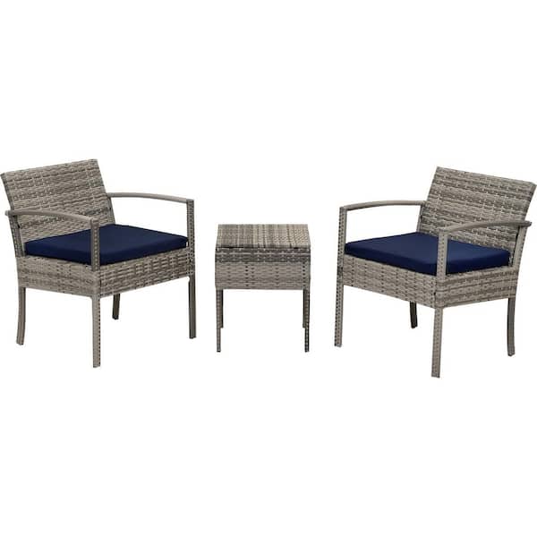 Amucolo 3-Piece PE Rattan Wicker Outdoor Patio Conversation Set with Dark Blue Cushions